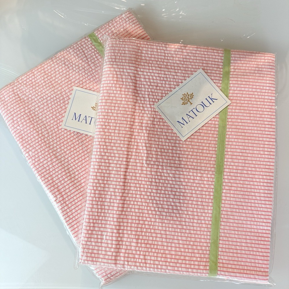 Matouk Hadley Seersucker Euro Sham 27x27 Pink w/ Spring Green Trim 100% Cotton